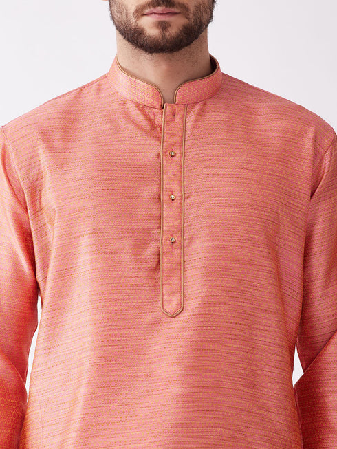 Vastramay Men's Pink And Rose Gold Silk Blend Kurta And Dhoti Set